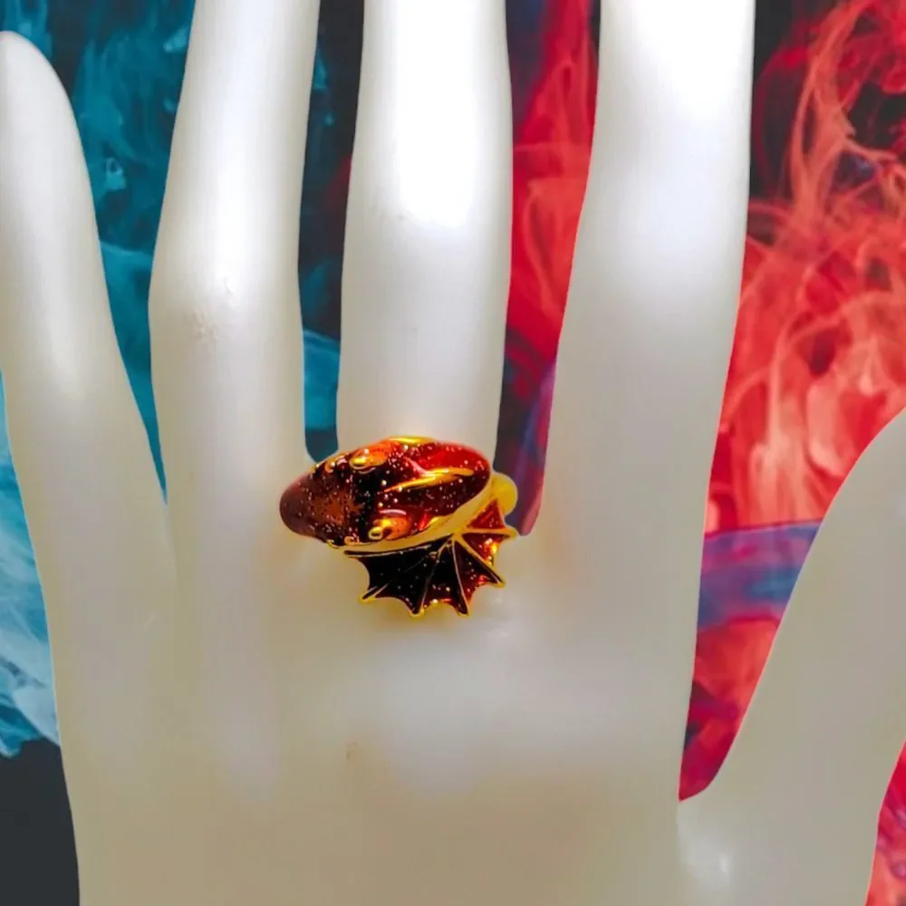 Gold Tone Sparkling Red Enamel Wrap around Dragon Ring Size 7 - Picture 6 of 9